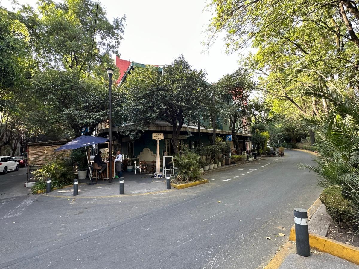 A quiet street corner in the Condesa neighborhood of Mexico City, with a small cafe under a blue umbrella