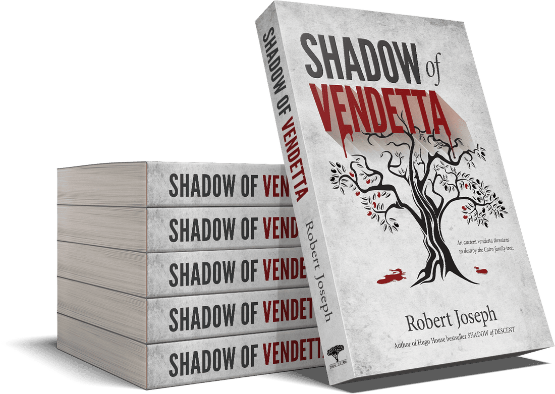 Stack of Shadow of Vendetta paperbacks by Robert Joseph, with one copy propped upright showing the cover